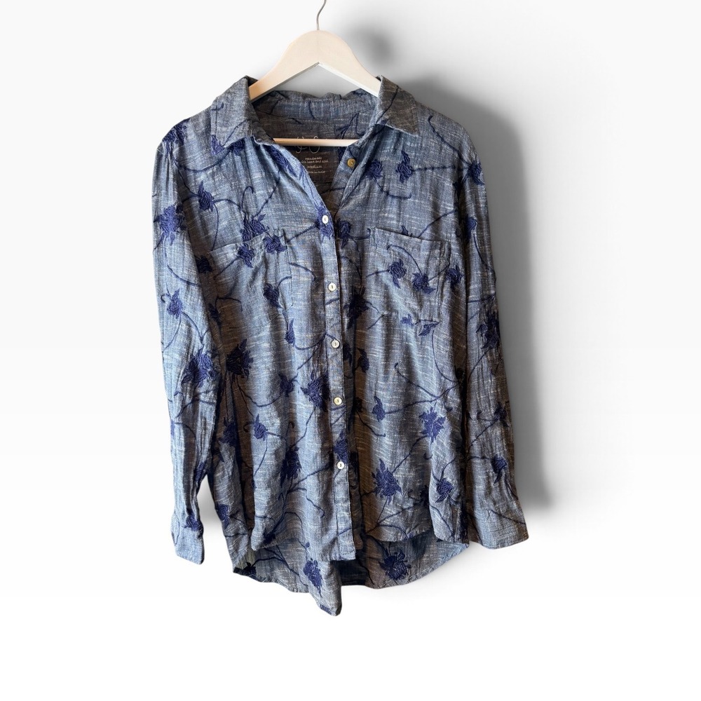 Kyla Seo Blue Floral Embroidered Cotton Button Down Shirt Medium Handmade